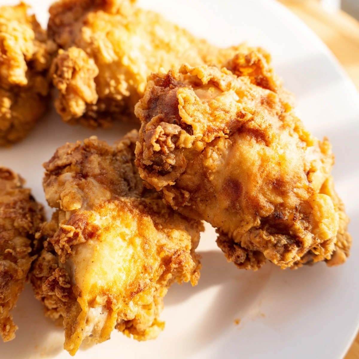 Juicy fried chicken with speckled golden crust next to creamy mashed potatoes