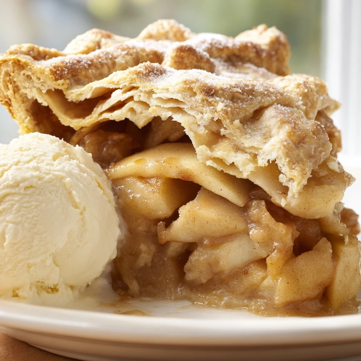 Golden homemade apple pie with cinnamon spiced filling bubbling through a flaky lattice crust