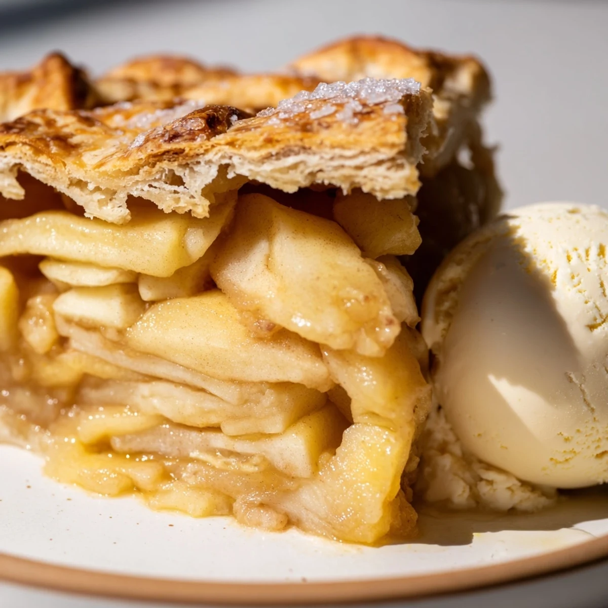 Warm slice of classic apple pie topped with melting vanilla ice cream on white plate