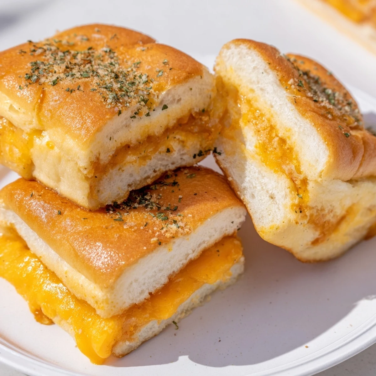 Golden mini grilled cheese Hawaiian rolls with melty cheddar oozing from sweet, buttery slider buns