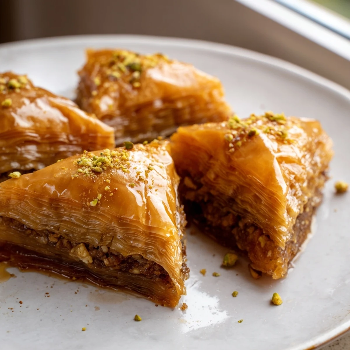 Golden Bosnian baklava diamonds with spiced walnut filling soaking in sweet honey syrup