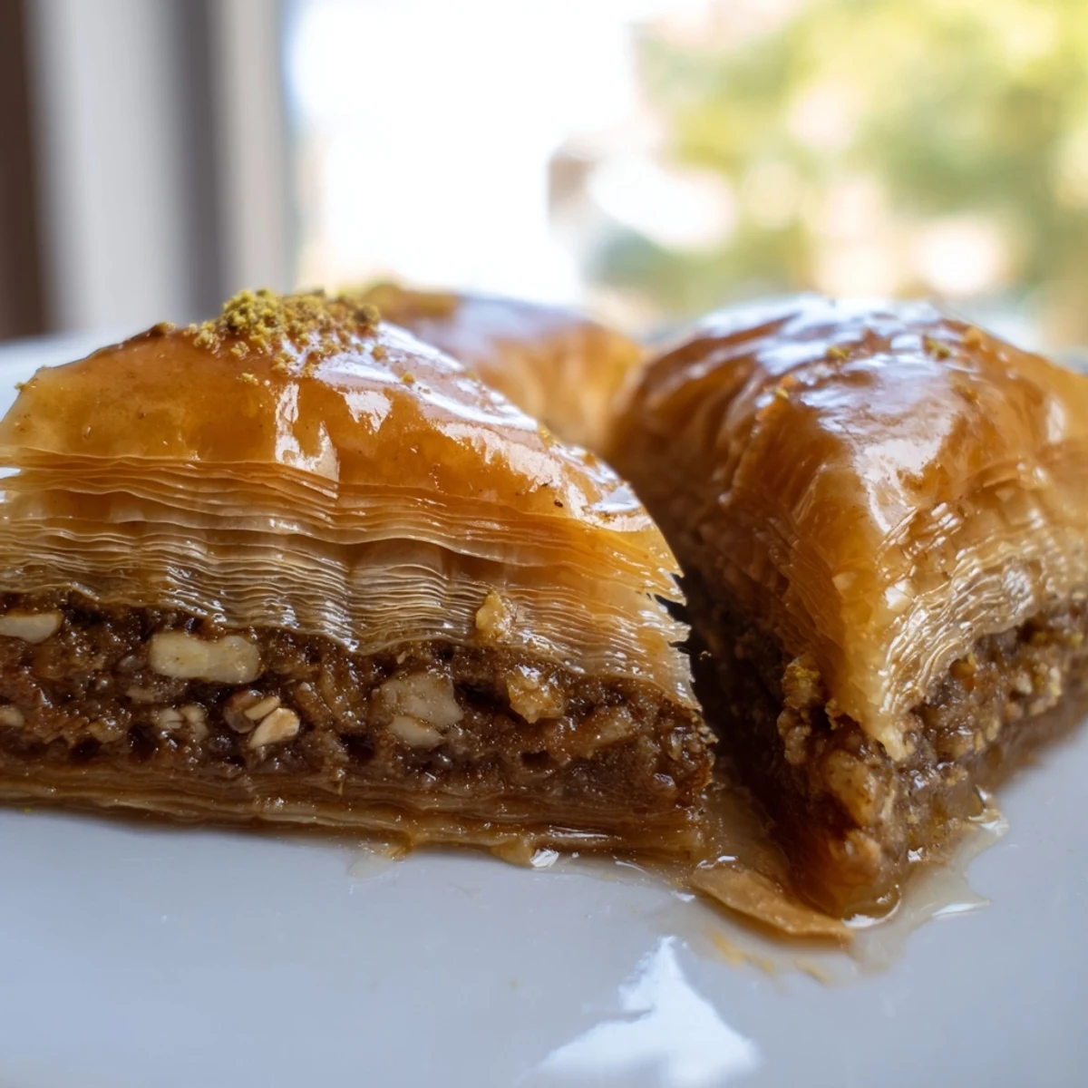 Crisp layered Bosnian baklava pastry brushed with melted butter and chopped nuts