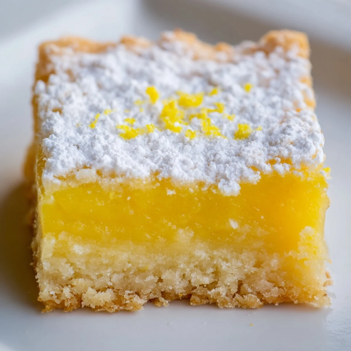 Golden lemon bars with powdered sugar dusting on a rustic white serving plate