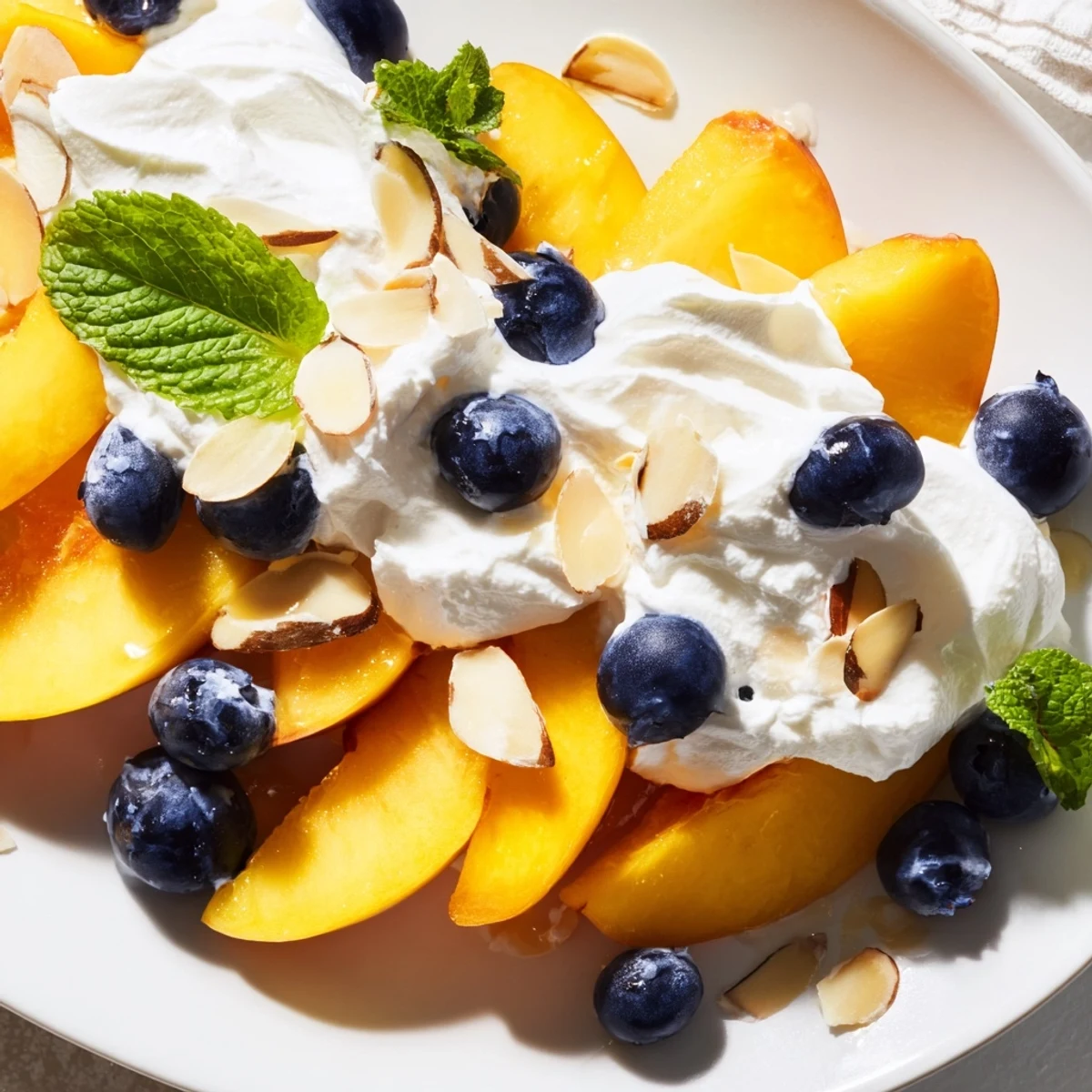 Creamy Peaches and Cream Salad topped with fresh mint in a chilled glass bowl