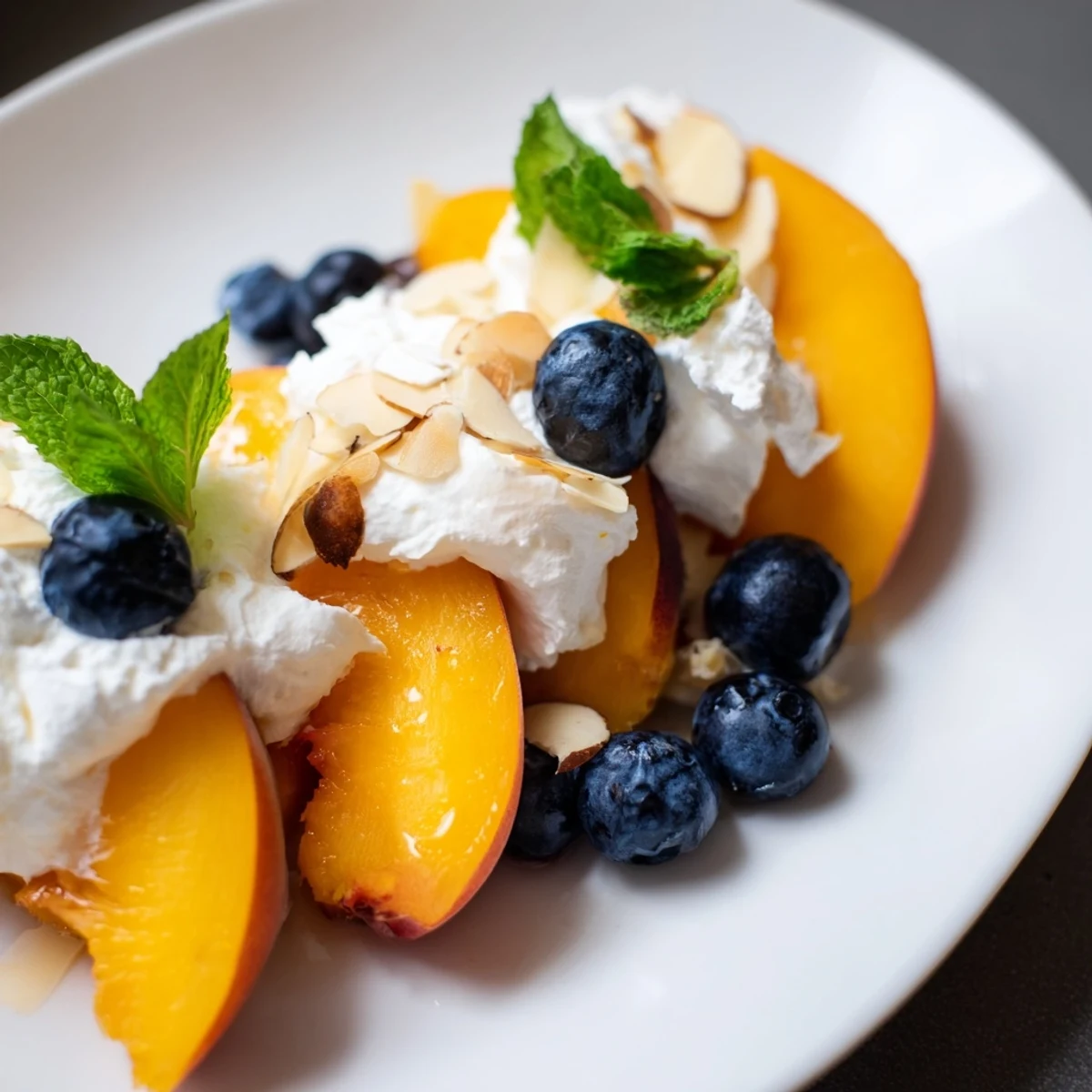 Chilled Peaches and Cream Salad garnished with blueberries and sliced almonds for summer