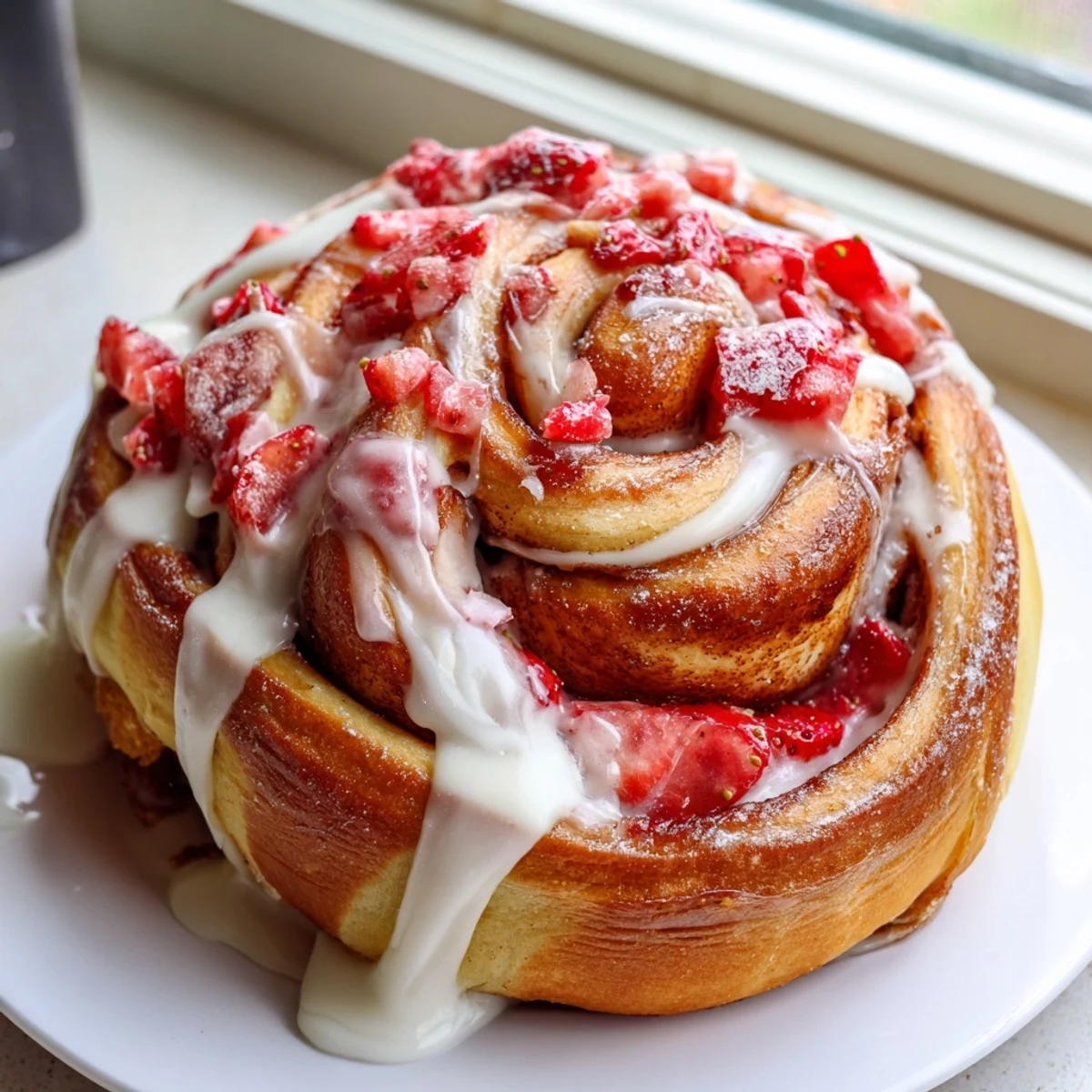 Golden strawberry cheesecake Cinnabon rolls dripping with creamy vanilla glaze on white plate