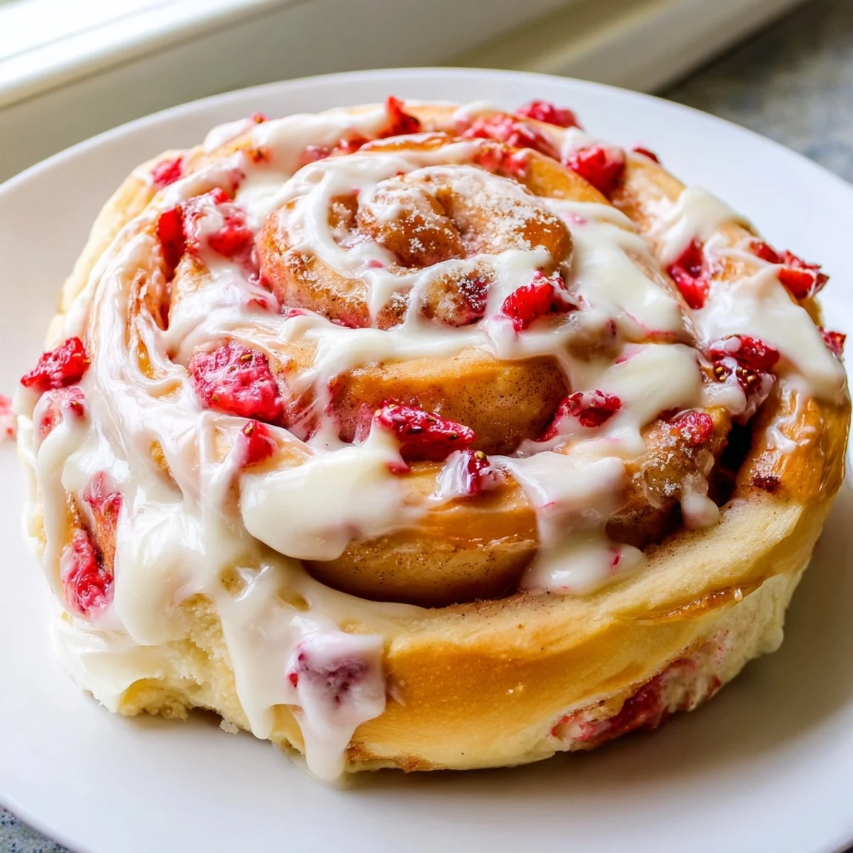 Fluffy cinnamon rolls layered with cheesecake filling and fresh strawberries drizzled in sweet icing