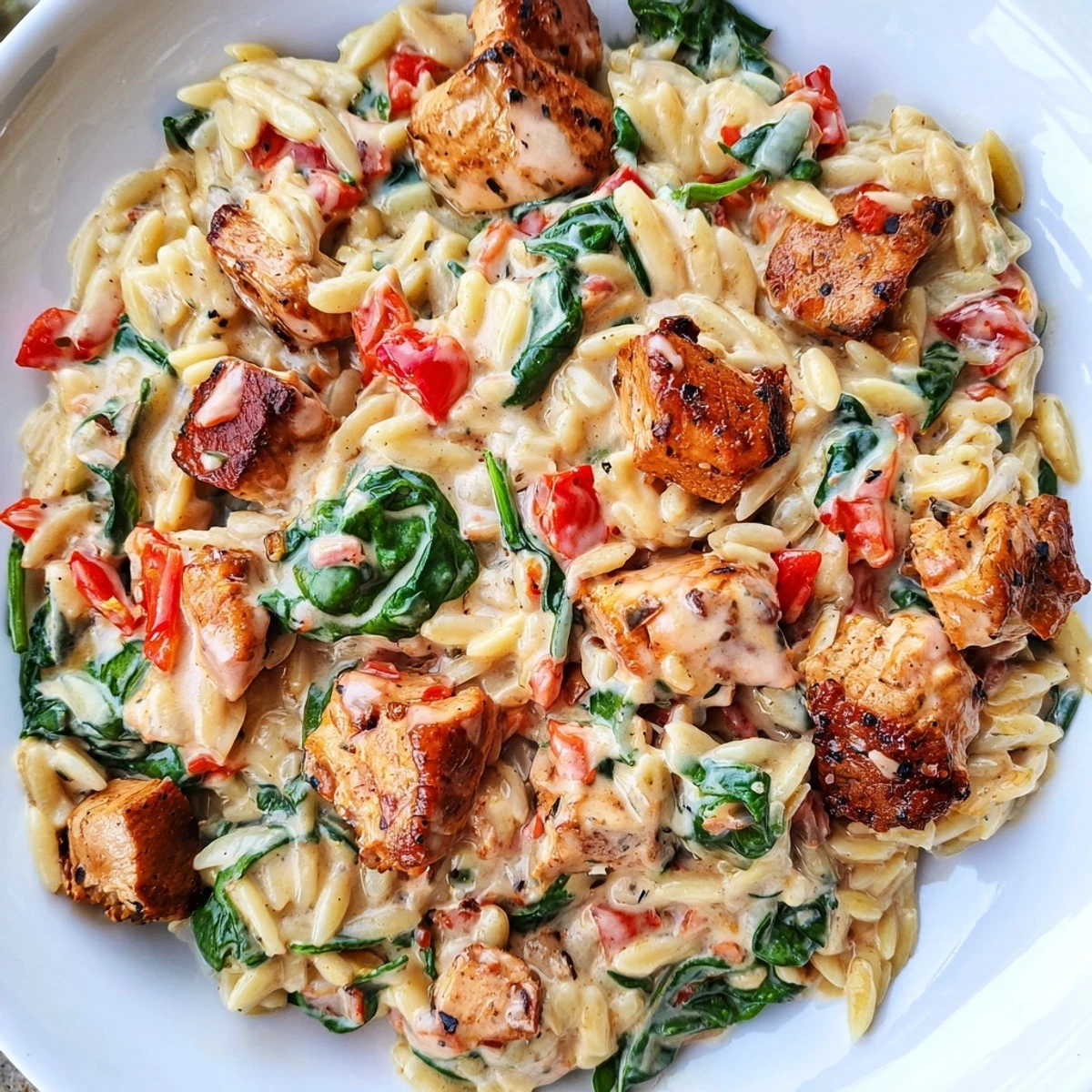 Steaming bowl of One Pot Cajun Chicken Alfredo Orzo with tender meat and vibrant bell peppers