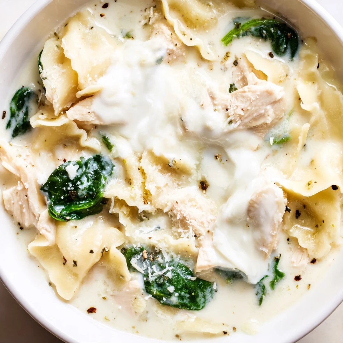 Creamy white lasagna soup in a white bowl with melted cheese and tender noodles