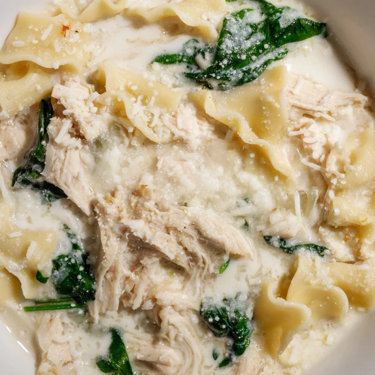 Steaming bowl of white lasagna soup topped with parmesan and fresh cracked pepper