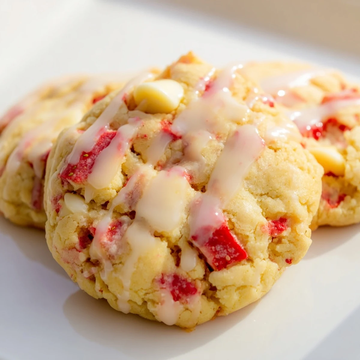 Soft strawberry lemonade cookies with pink fruit bits drizzled in sweet tangy lemon glaze