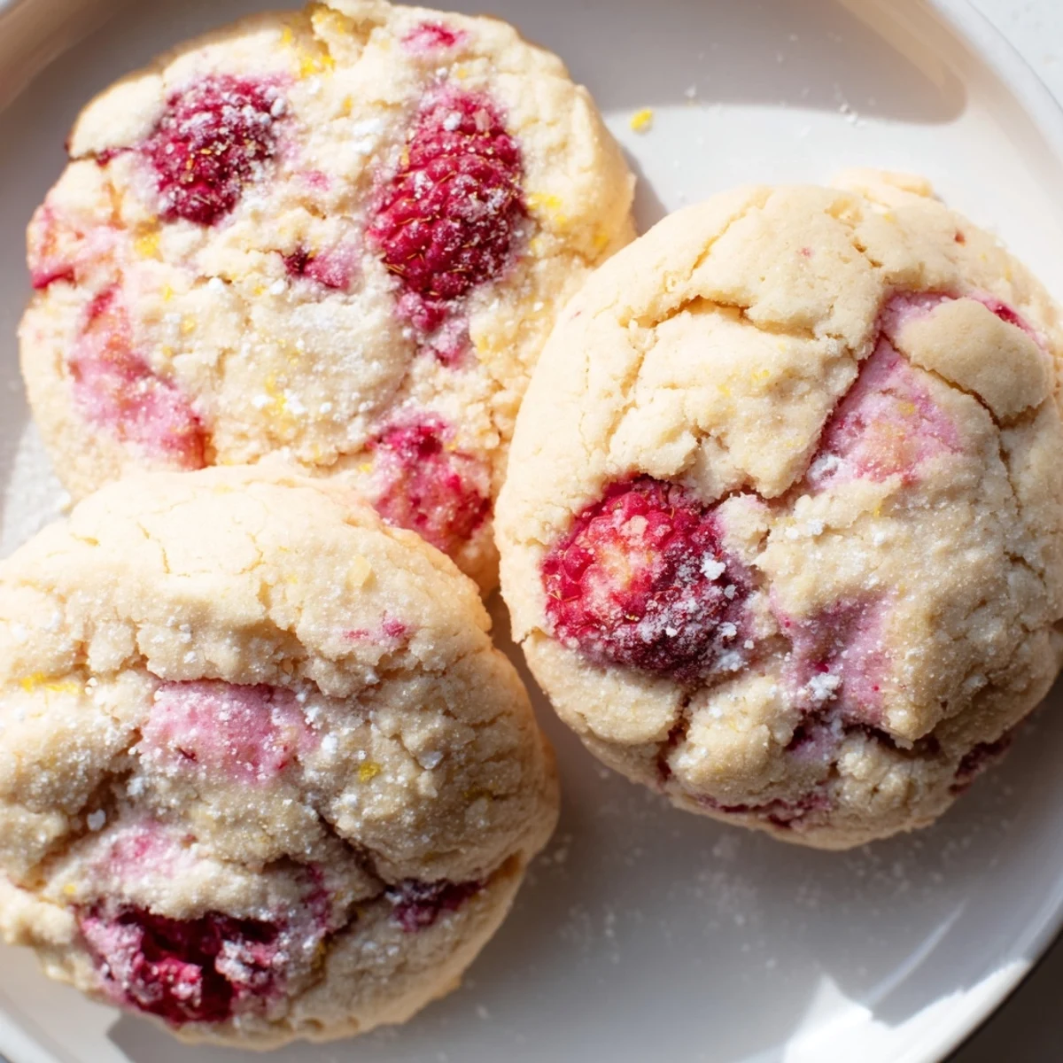 Soft lemon raspberry cookies with golden edges and juicy red berry pieces on rustic baking sheet