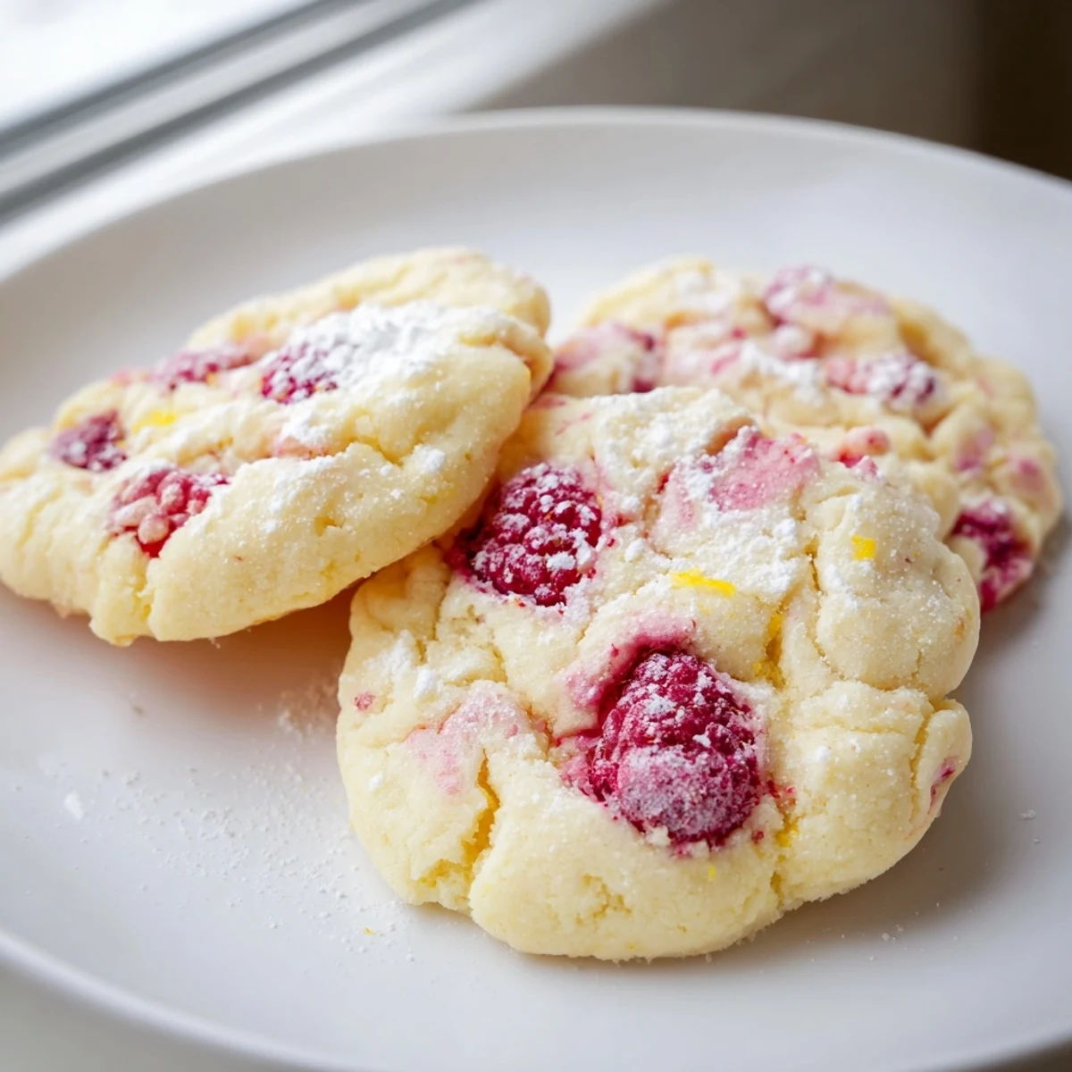 Chewy lemon raspberry cookies dusted with powdered sugar beside glass of cold milk
