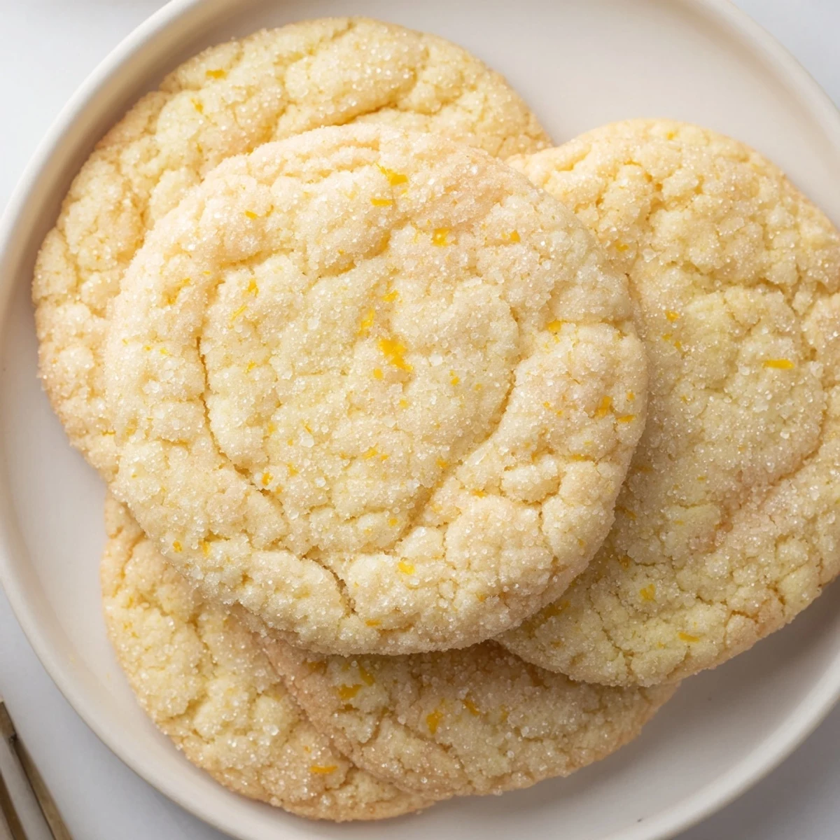 Soft lemon sugar cookies with crackled golden tops on a rustic baking sheet