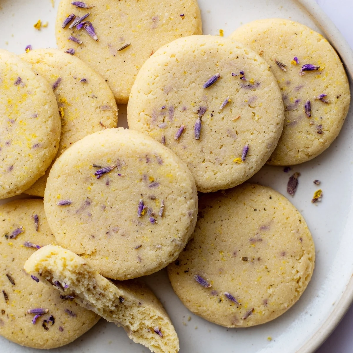 Golden lemon lavender cookies with speckled lavender bits arranged on a rustic white ceramic plate