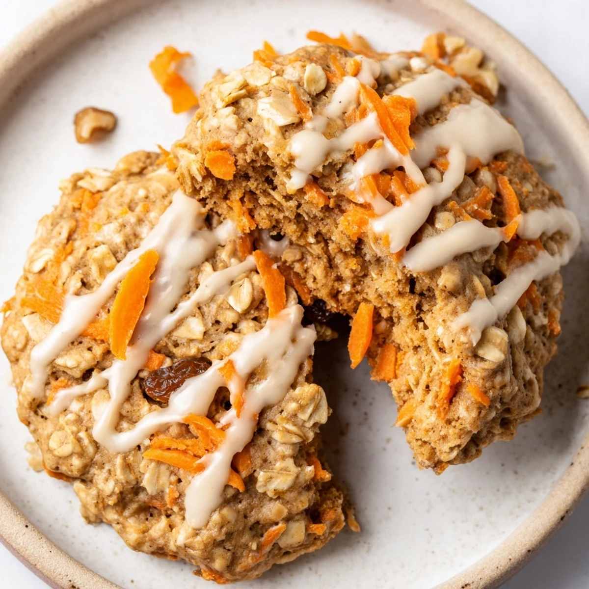 Chewy Brown Butter Carrot Cake Cookies topped with creamy tangy glaze on rustic parchment