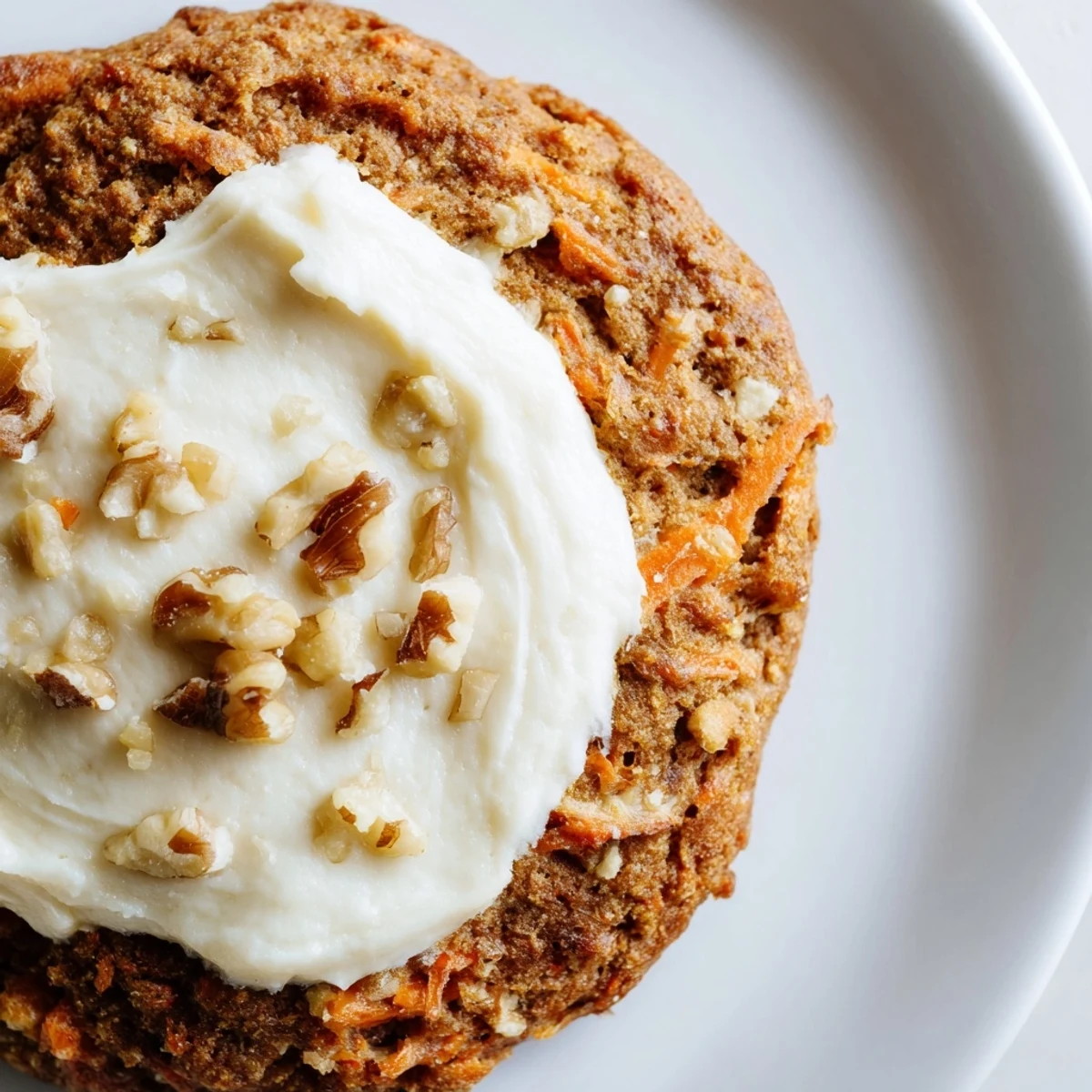 Soft Crumbl carrot cake cookies with swirled cream cheese frosting on a white plate