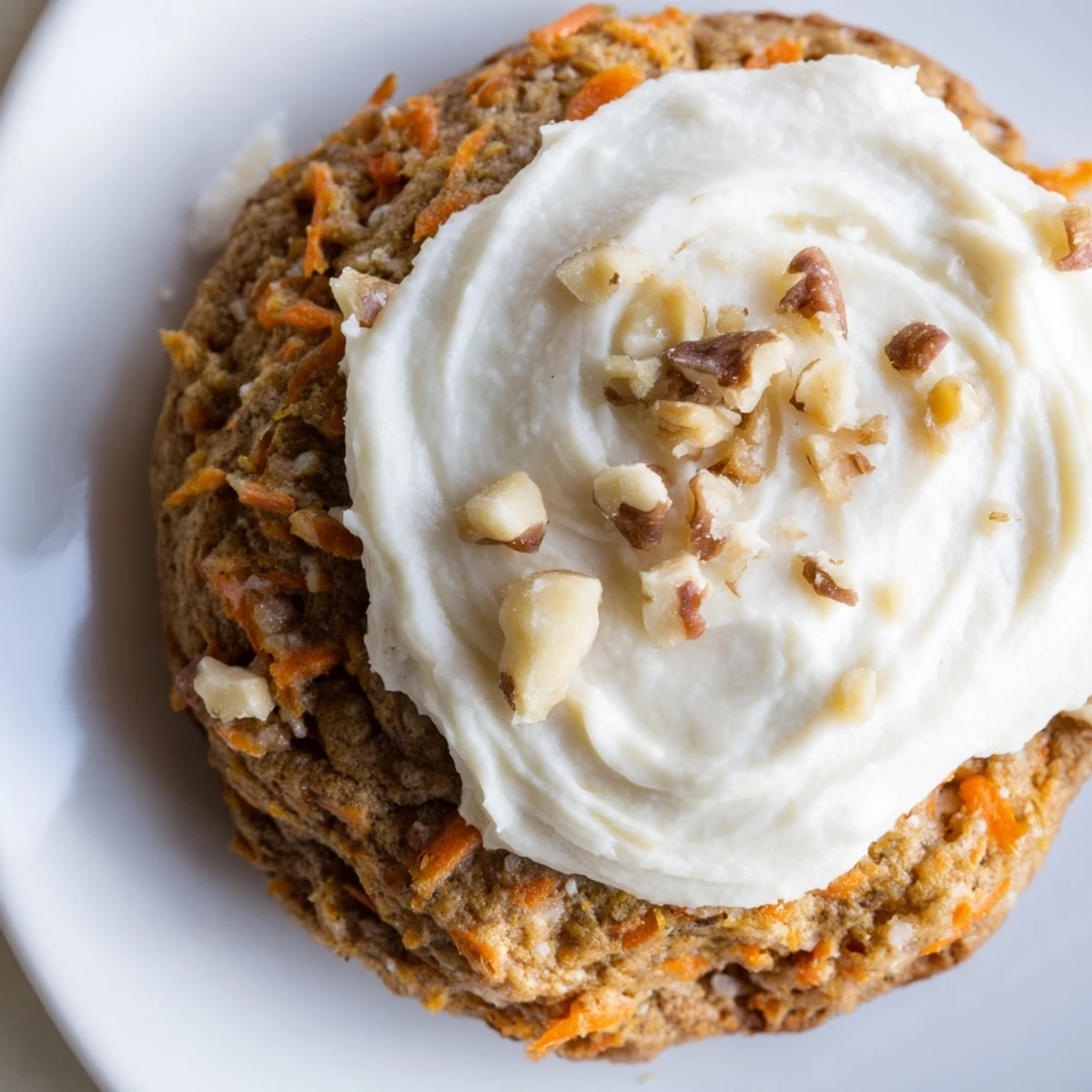 Thick spiced carrot cake cookies topped with fluffy cream cheese frosting and chopped walnuts