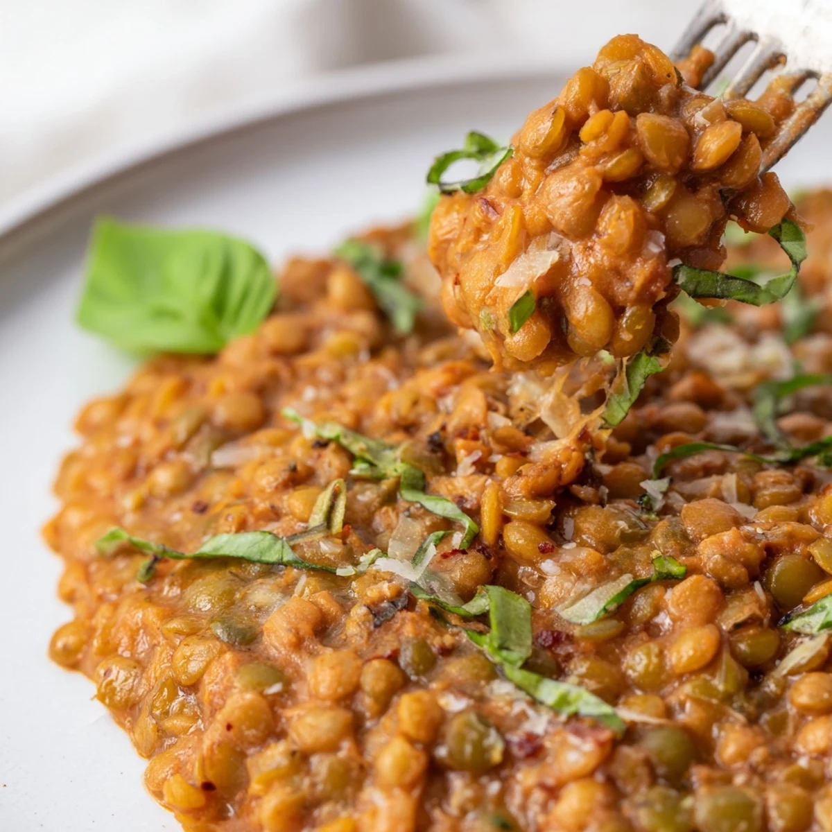 Creamy Marry Me Lentils swimming in rich sun-dried tomato sauce topped with fresh basil