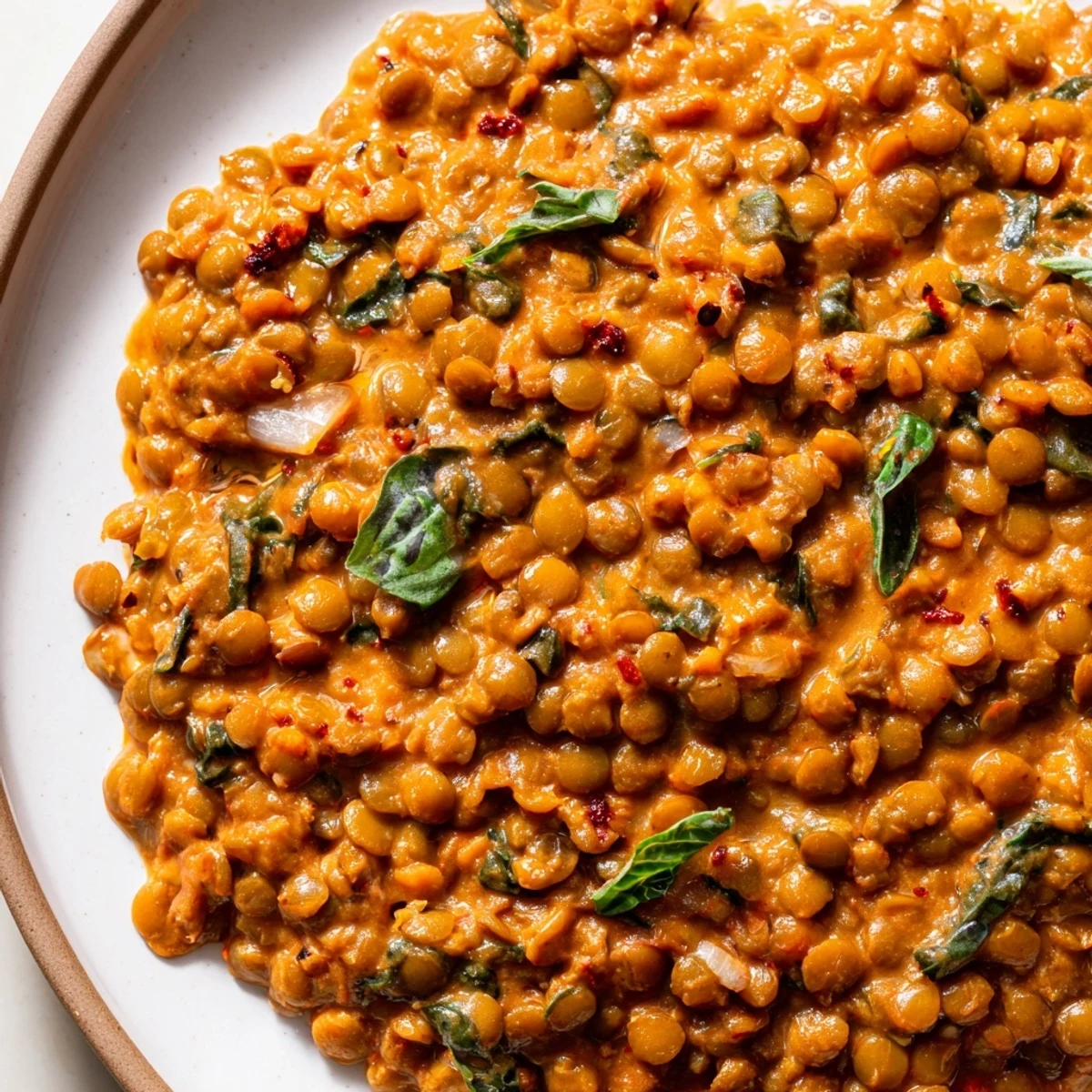 Steaming bowl of Marry Me Lentils with velvety cream sauce and aromatic herbs sprinkled throughout