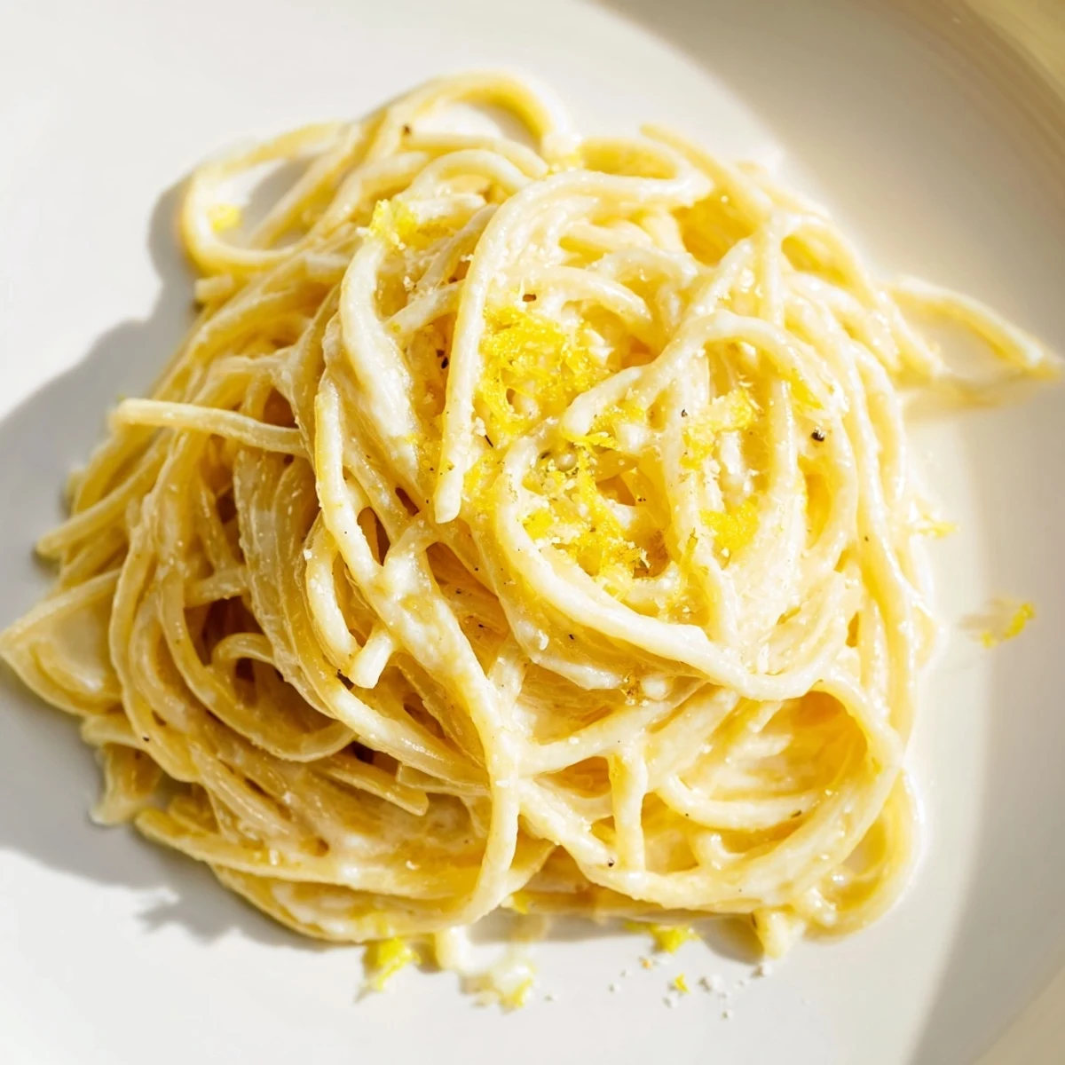 Creamy Parmesan Lemon Pasta tangled on a fork with fresh herb garnish and glistening sauce