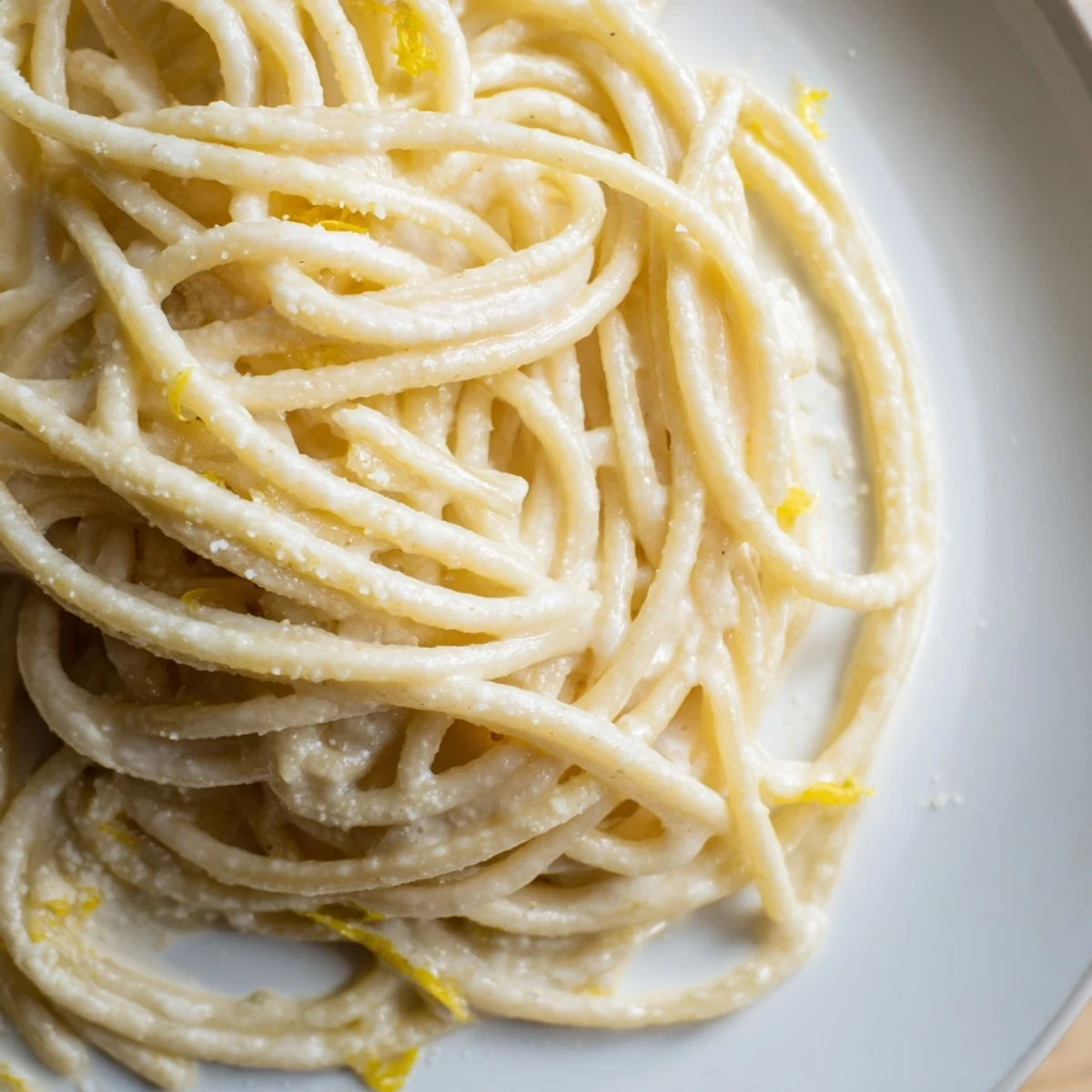 Warm bowl of Parmesan Lemon Pasta topped with cracked black pepper and extra cheese