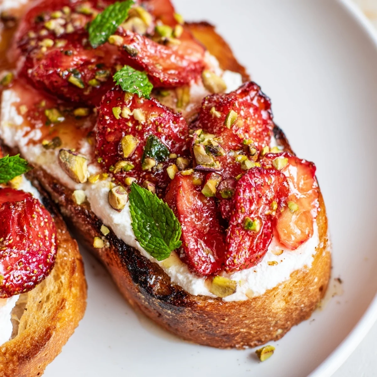 Golden sourdough toast topped with creamy whipped ricotta and sweet roasted strawberries glistening with syrup