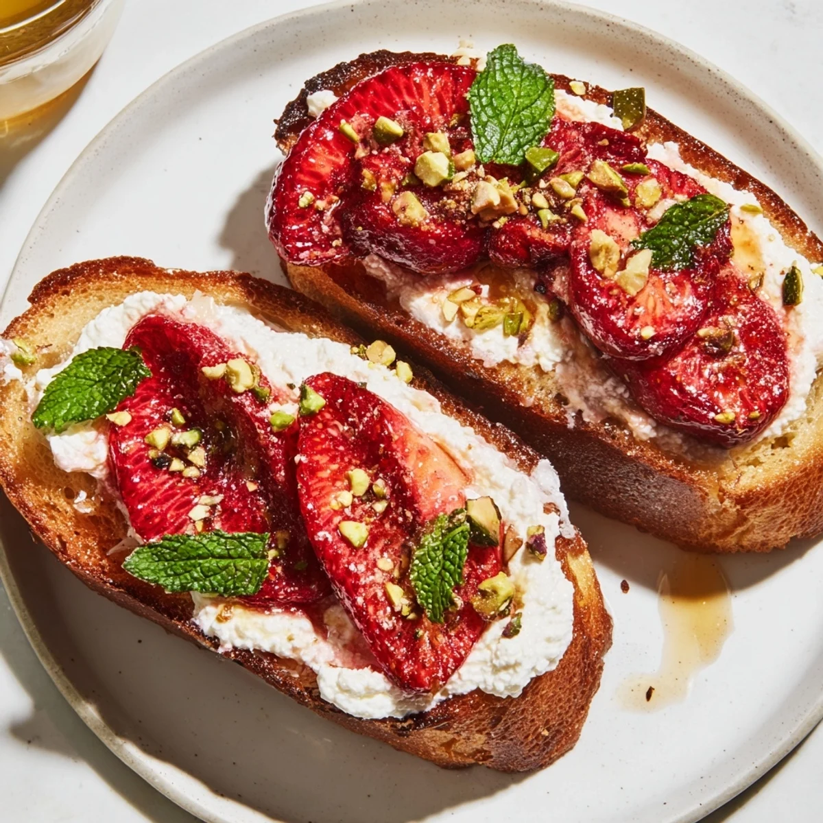 Roasted strawberry whipped ricotta toast served on rustic bread with fresh mint and honey drizzle