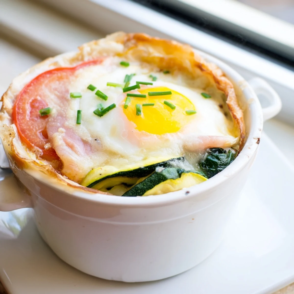 Golden Baked Eggs Napoleon with runny yolks sits in a creamy cheese sauce over layered vegetables and ham.