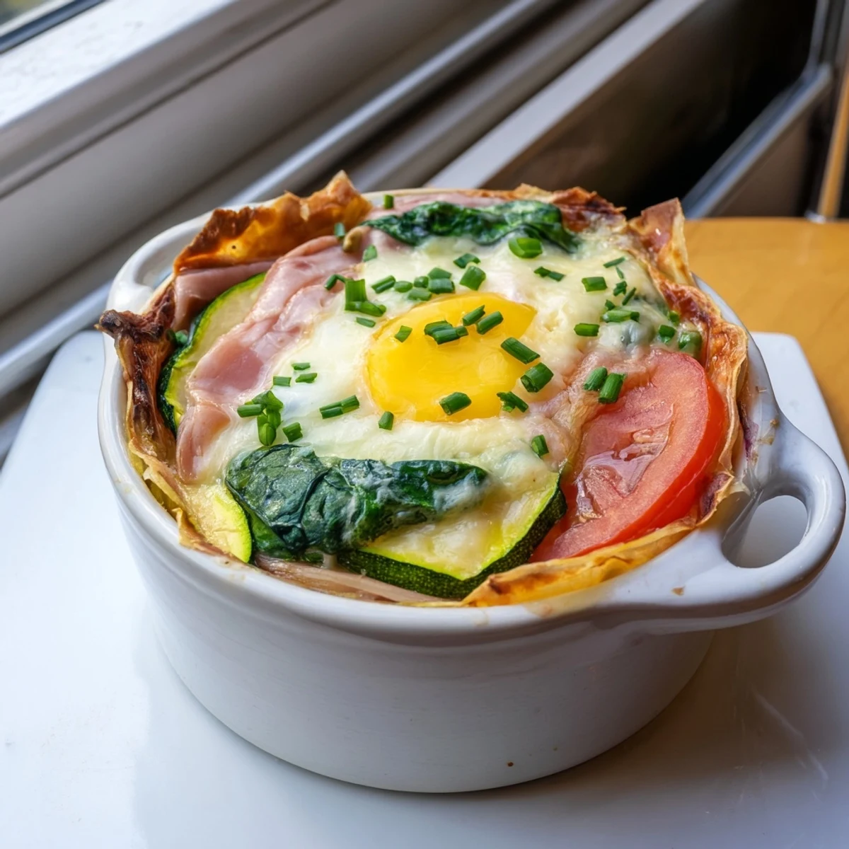 Creamy Baked Eggs Napoleon served in ramekins with wilted spinach, tomato slices, and Gruyère cheese sauce.