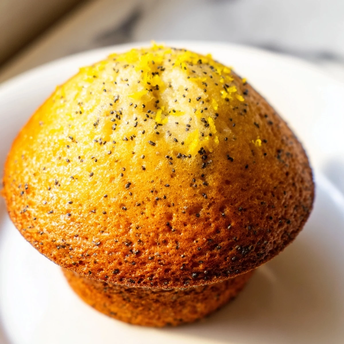 Golden lemon poppy seed muffins with domed tops cooling on a wire rack