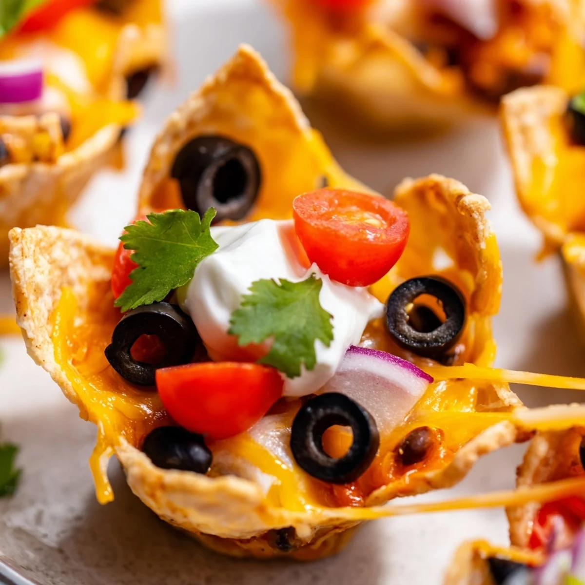 Crispy tortilla cups overflowing with gooey melted cheese and zesty garnishes