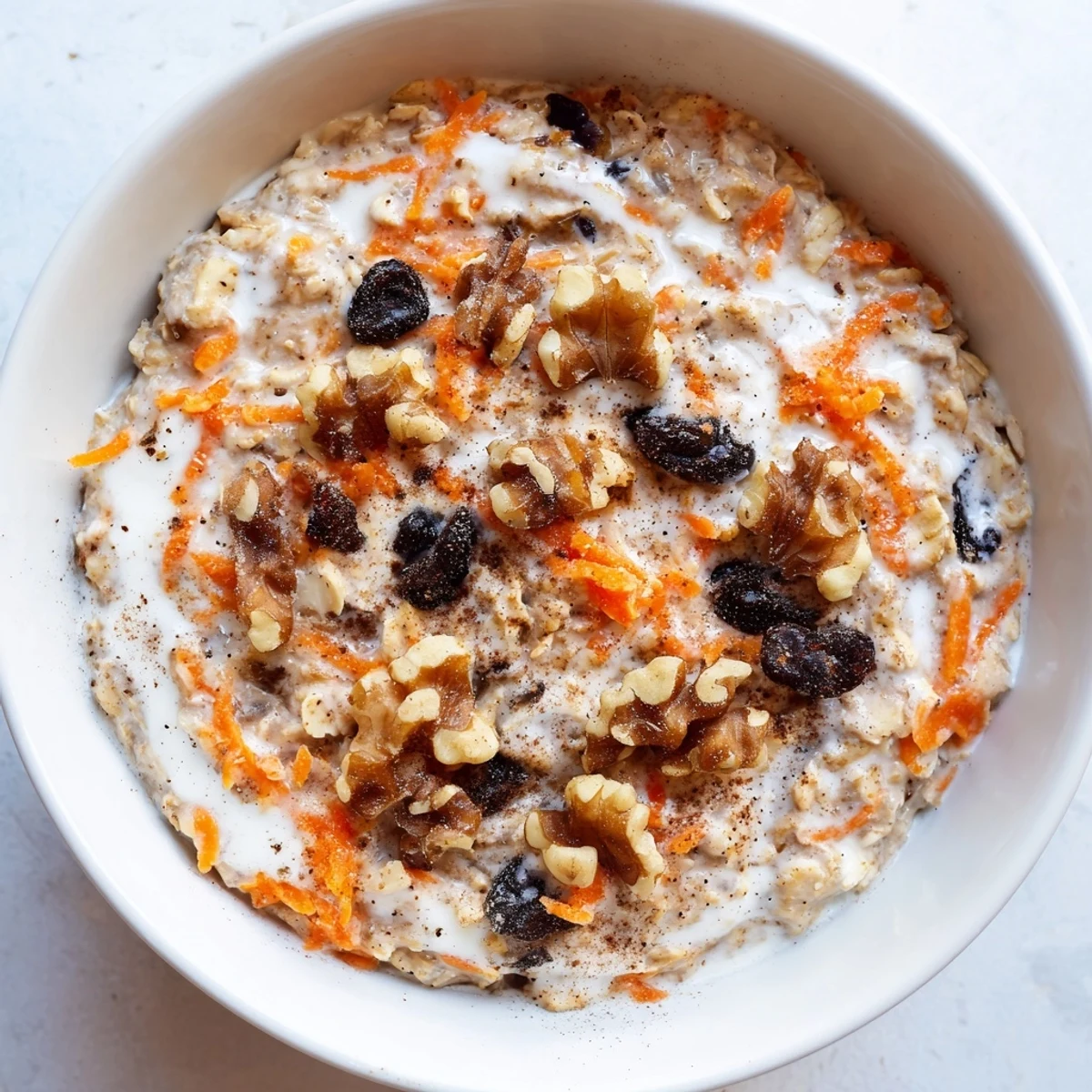 Creamy carrot cake overnight oats in a mason jar topped with crunchy walnuts and a sprinkle of cinnamon