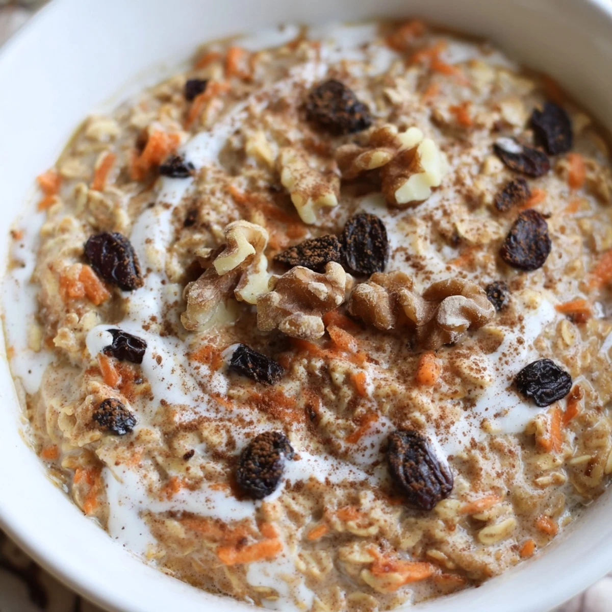 Golden carrot cake overnight oats with plump raisins and pecans served in a rustic breakfast bowl