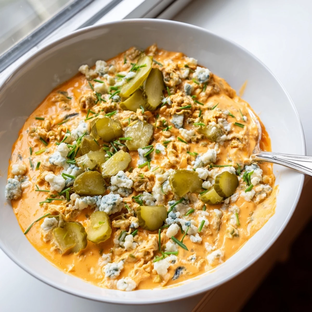 Creamy buffalo pickle dip in a serving bowl surrounded by crunchy chips and fresh veggie sticks