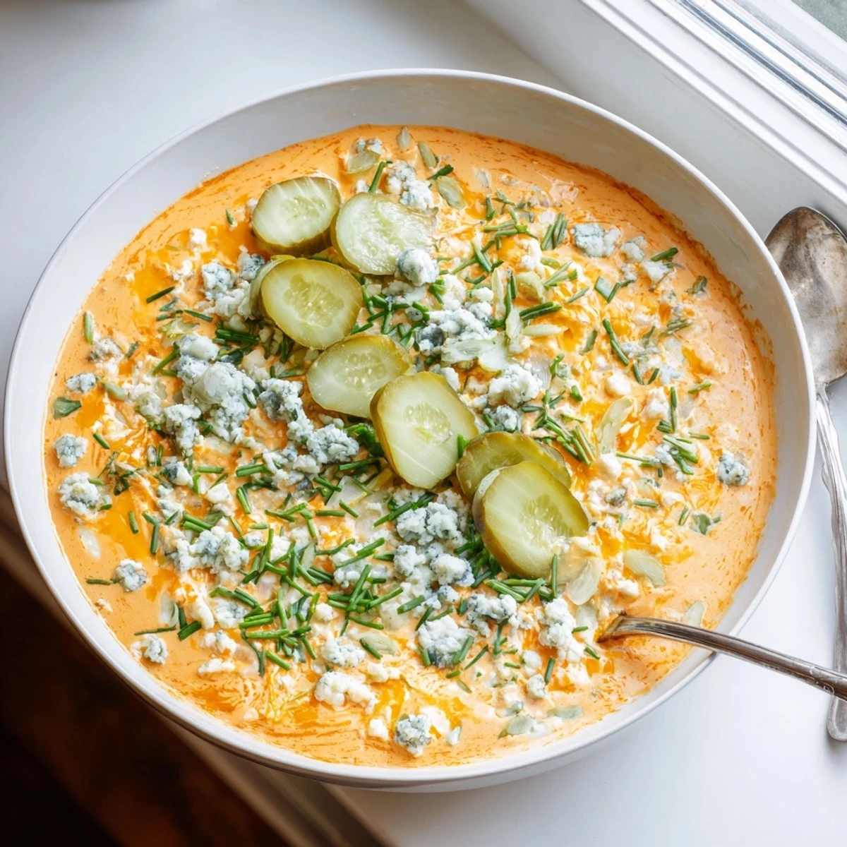 Tangy buffalo pickle dip topped with chopped chives and pickle slices on a rustic wooden board