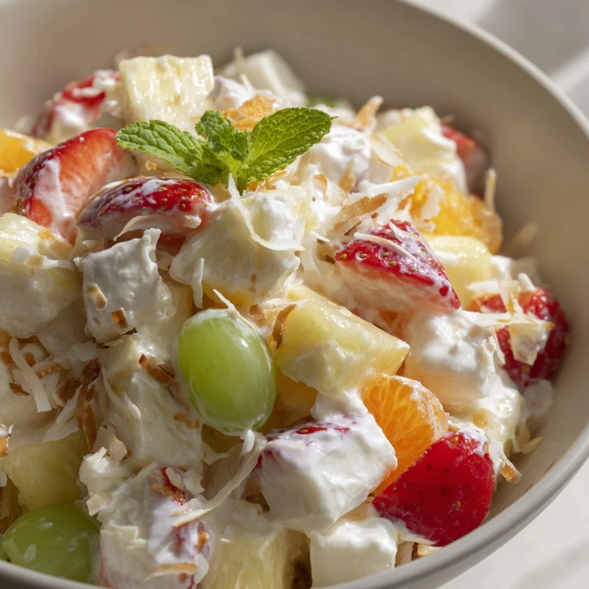 Creamy Hawaiian Cheesecake Salad topped with fresh strawberries, pineapple, and toasted coconut garnish