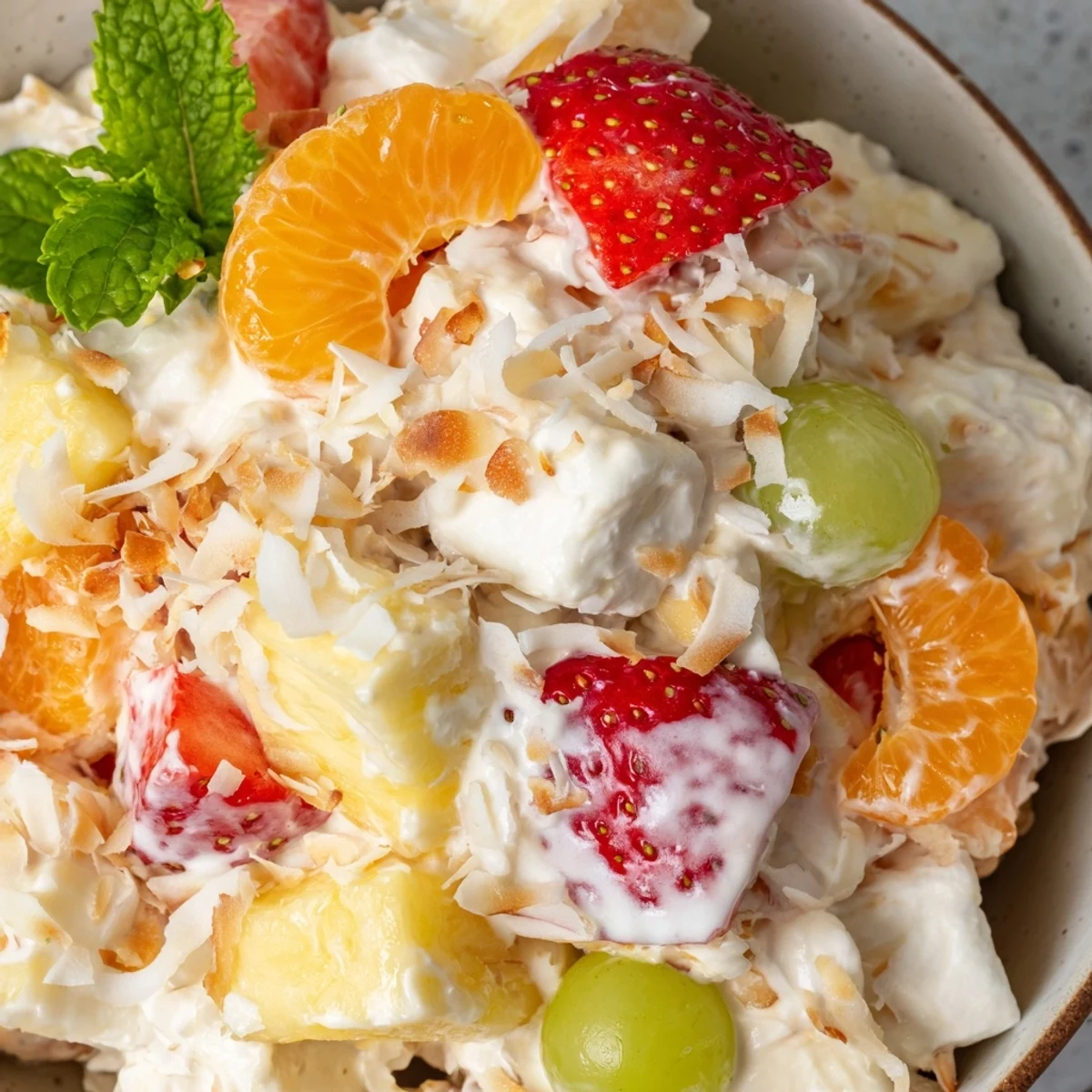 Tropical Hawaiian Cheesecake Salad in a serving bowl featuring mandarin oranges and grapes