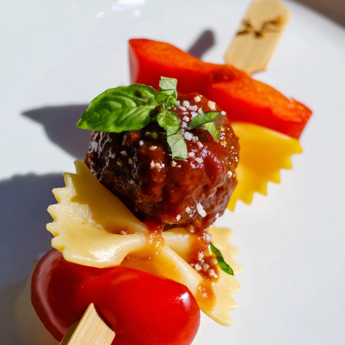 Bowtie pasta and cocktail meatball skewers with vibrant bell peppers and tomatoes on wooden picks