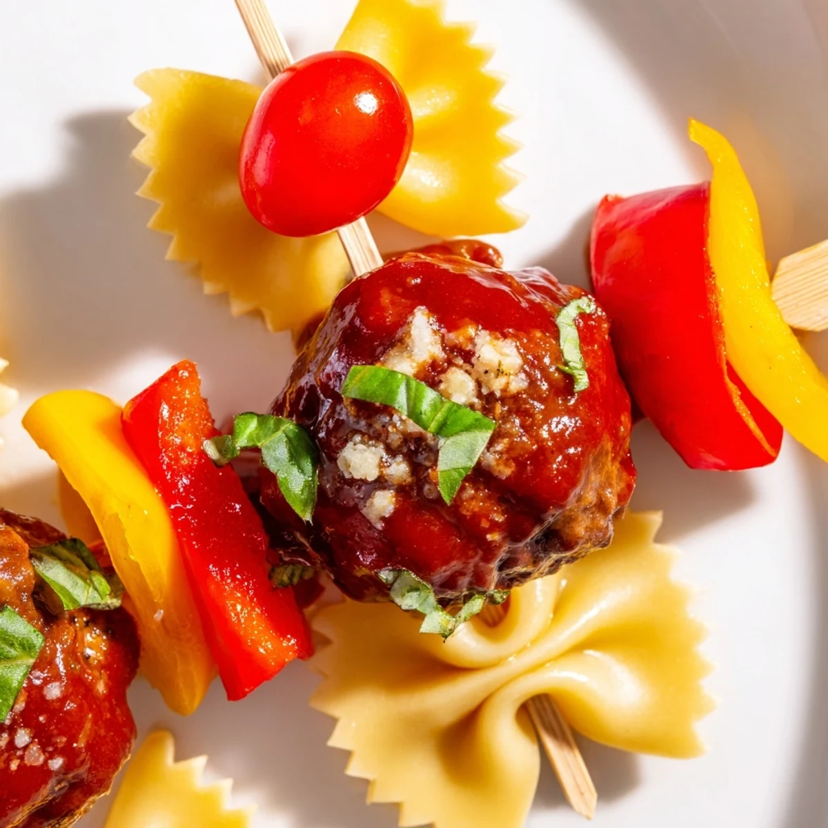Juicy cocktail meatballs alternated with bowtie pasta and colorful vegetables on a serving platter
