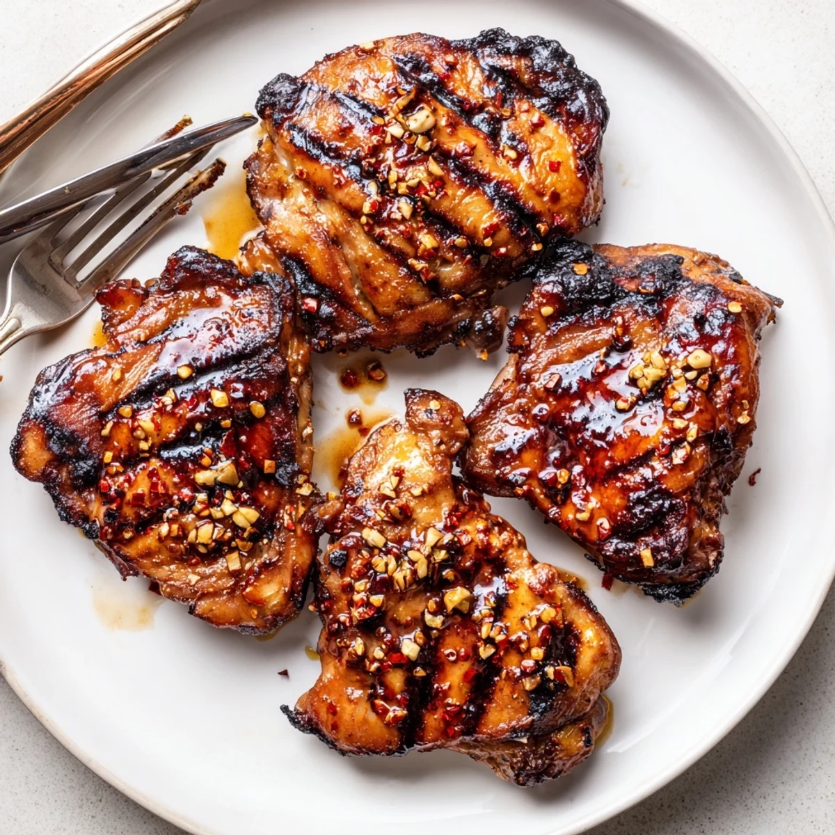 Golden crispy chicken thighs with caramelized marinade glaze on a rustic serving platter