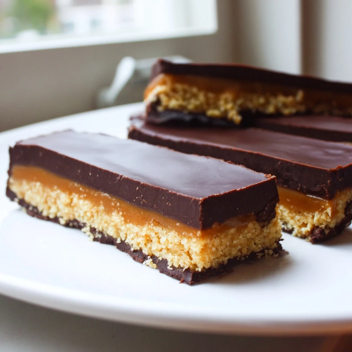 Golden Healthy Twix Bars with glossy chocolate topping and sticky date caramel layer