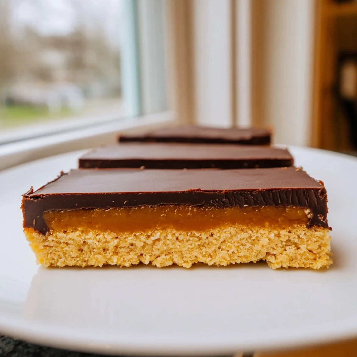 Chilled Healthy Twix Bars sliced to reveal nutty almond flour crust and caramel