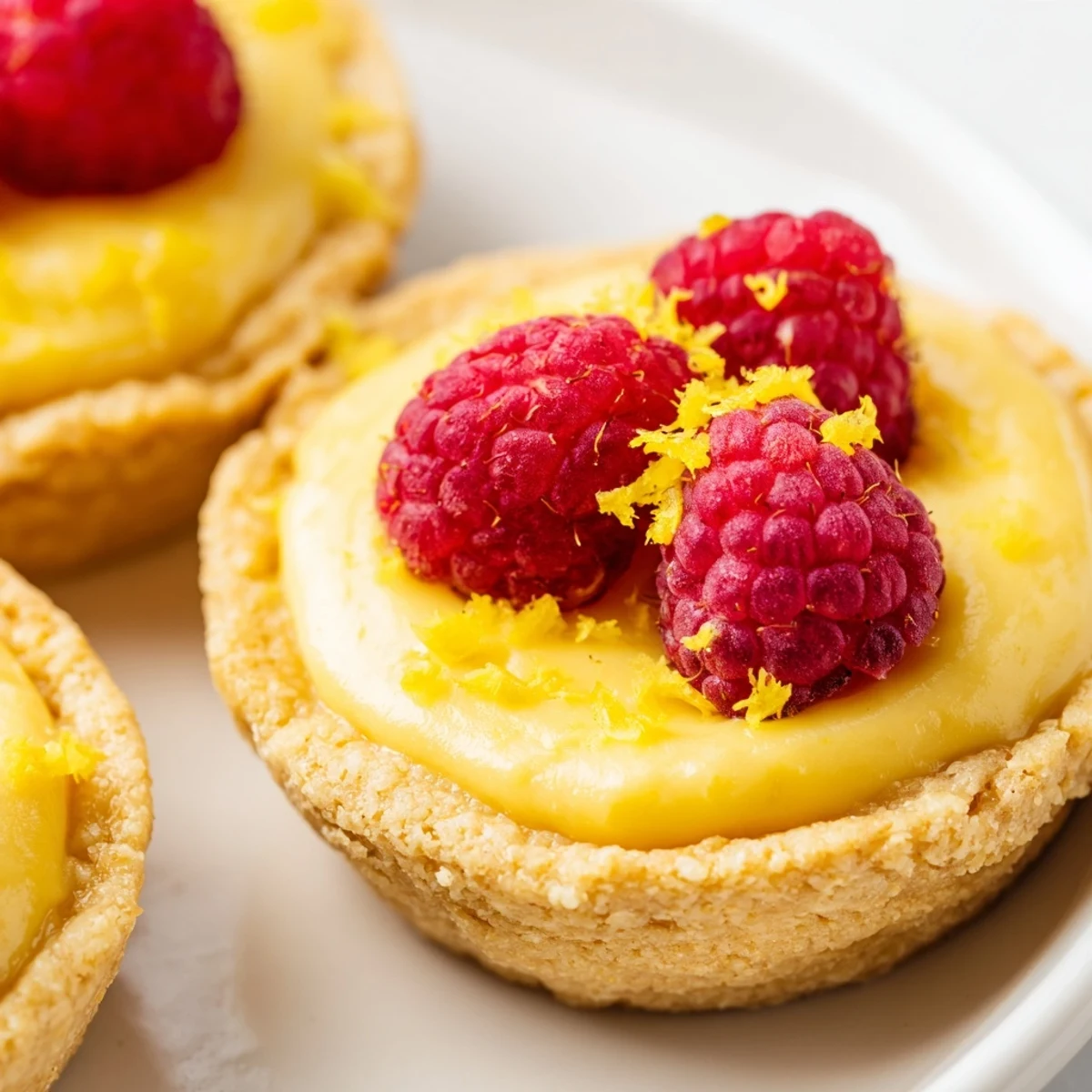 Golden mini vegan lemon tarts topped with fresh berries on a rustic white serving plate