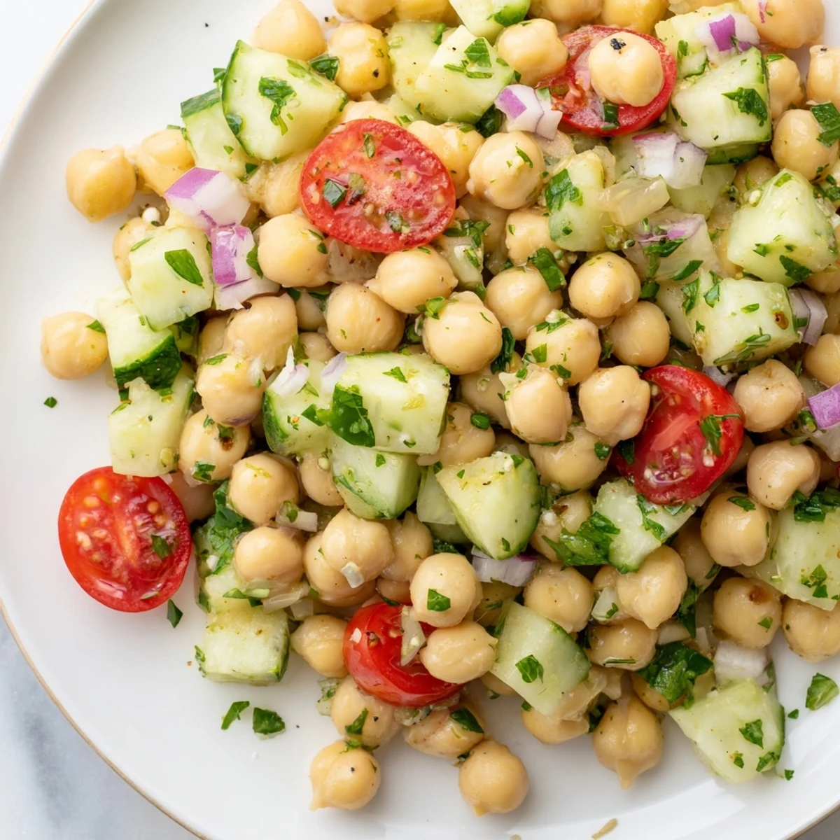 Chickpea cucumber salad in a white bowl with cherry tomatoes and fresh parsley scattered throughout