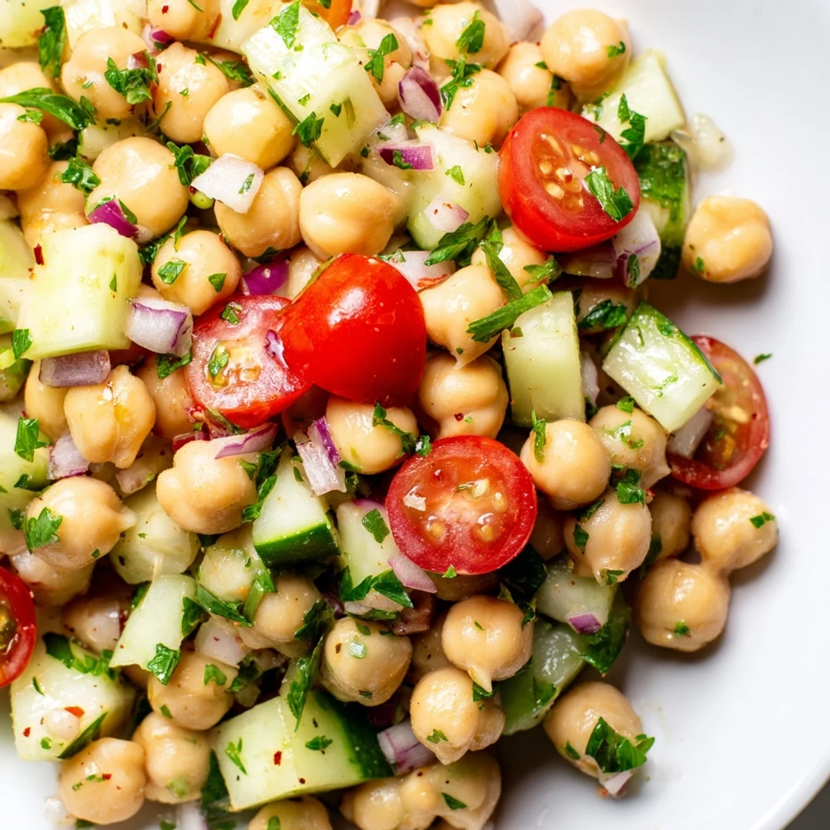 Crispy chickpea cucumber salad topped with zesty lemon herb dressing glistening on fresh vegetables