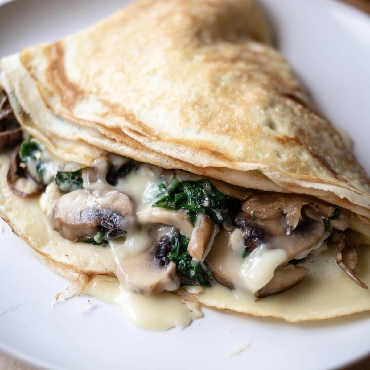 Golden savory crepes filled with sautéed spinach, mushrooms, and melted Gruyère cheese on a plate