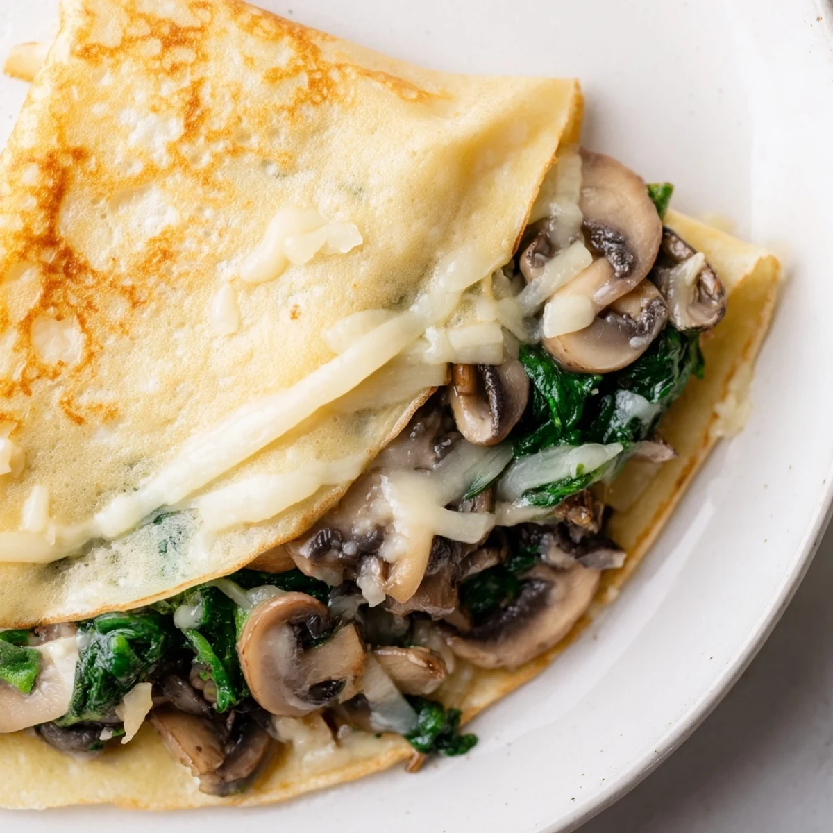 Thin French savory crepes rolled around a warm spinach and mushroom filling with bubbling cheese