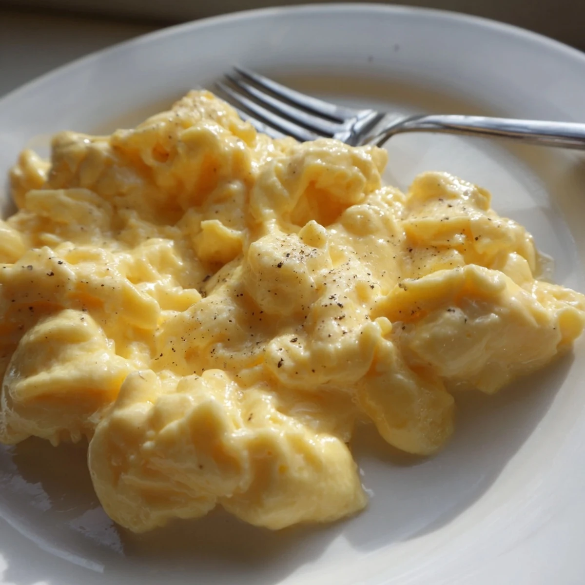 Creamy scrambled eggs piled on a plate with golden toast and fresh herbs