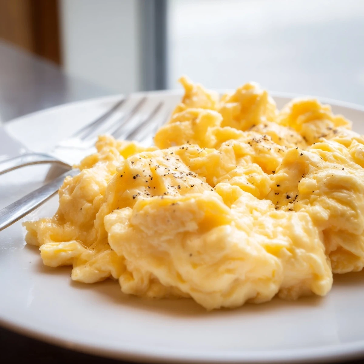 Steamy plate of rich scrambled eggs served alongside sliced avocado and cracked pepper